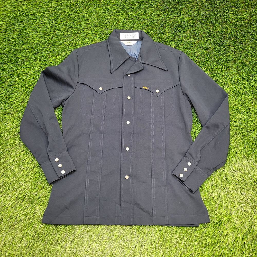 Vintage 80s LEE Hippie Western Shirt S/M 19x28 Blue Pearl-Snap
